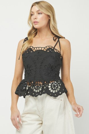 Needii Embroidered Eyelet Peplum Top