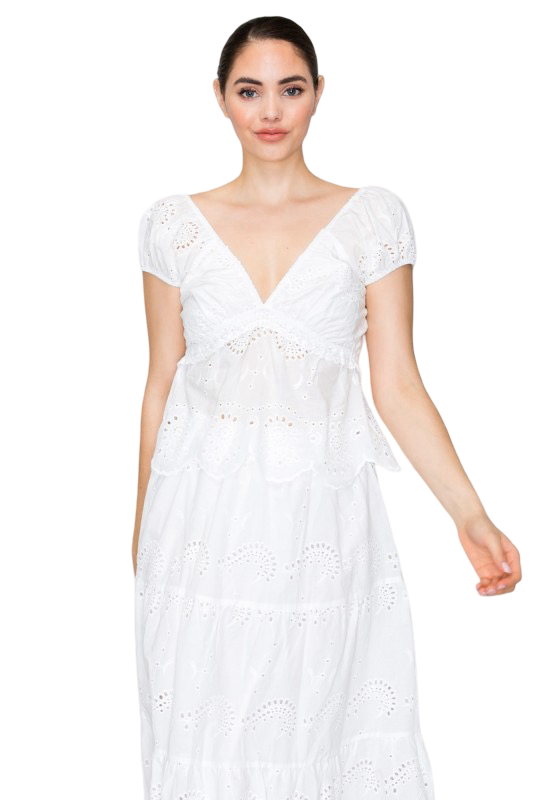 Haute Monde V Neck Eyelet Ruffled Top