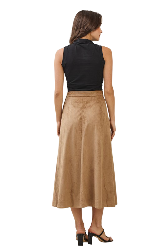 Apparel- Able Belted A Line Vegan Suede Midi Skirt
