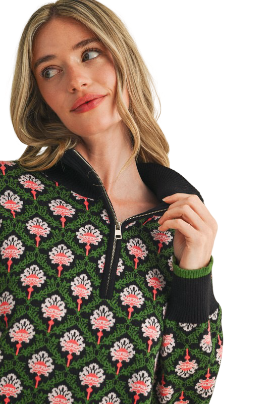 Apparel- En Merci Floral Half Zip Mock Neck Pullover Sweater