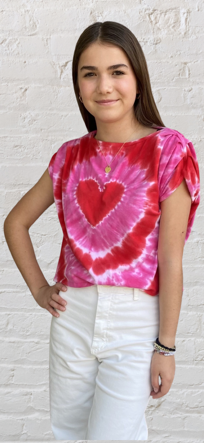 Girls- Erge Ruched Sleeve Tie Dye Heart Top