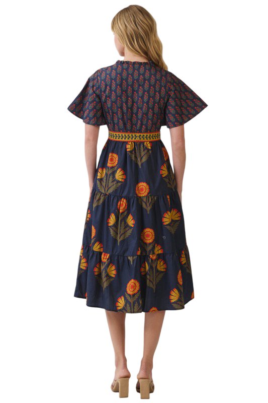 TCEC Floral Print Waist Tie Midi Dress