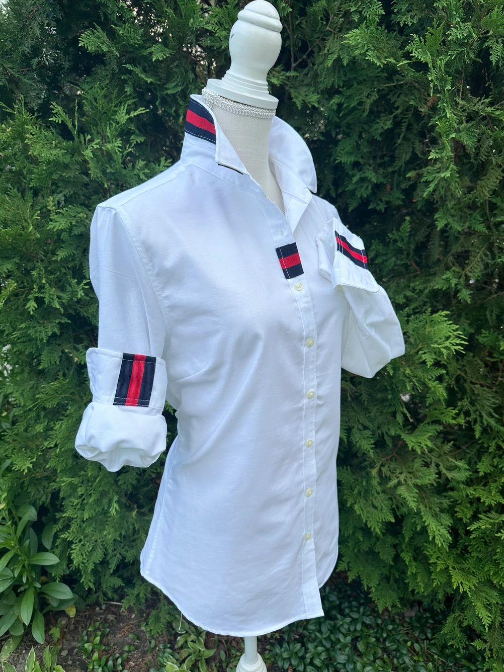 Apparel- Pearly Vines Casie 2-  White Oxford with Navy and Red Stripe Ribbon