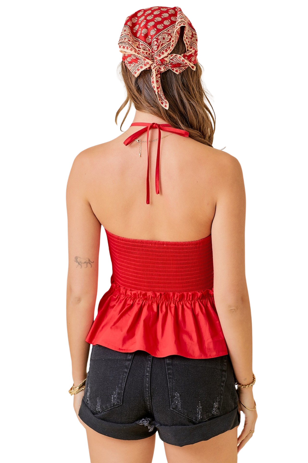 Apparel- Day+Moon Ruched Halter Top With Ruffle Hem