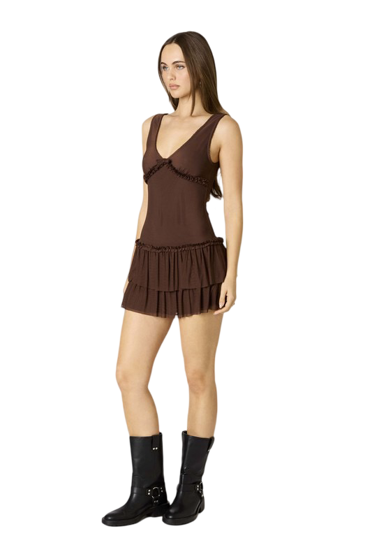 CCLA Bodycon Ruffle Bottom Romper Mini Dress Dark Brown / Medium CCLA Bodycon Ruffle Bottom Romper Mini Dress Dark Brown / Medium