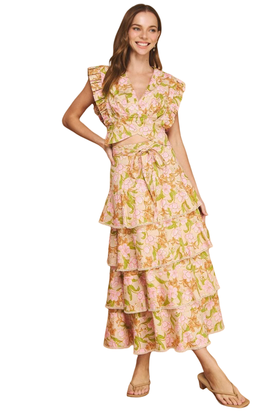 Strut and Bolt Floral Print Pleated Tiered Skirt Set