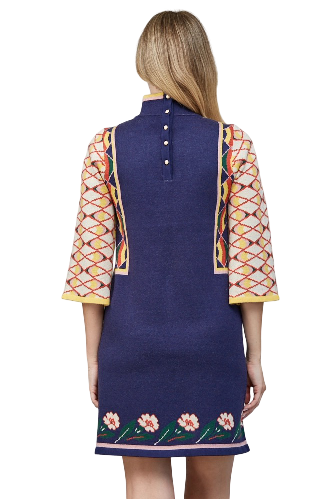 Apparel-Fate Jacquard Motif High Neck Floral Sweater Mini Dress