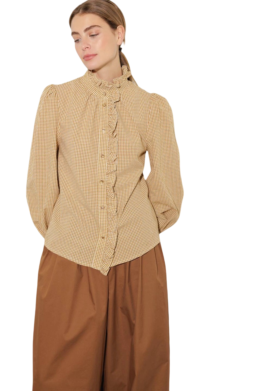 Apparel- Flying Tomato Gingham Ruffle Front Button Down Top