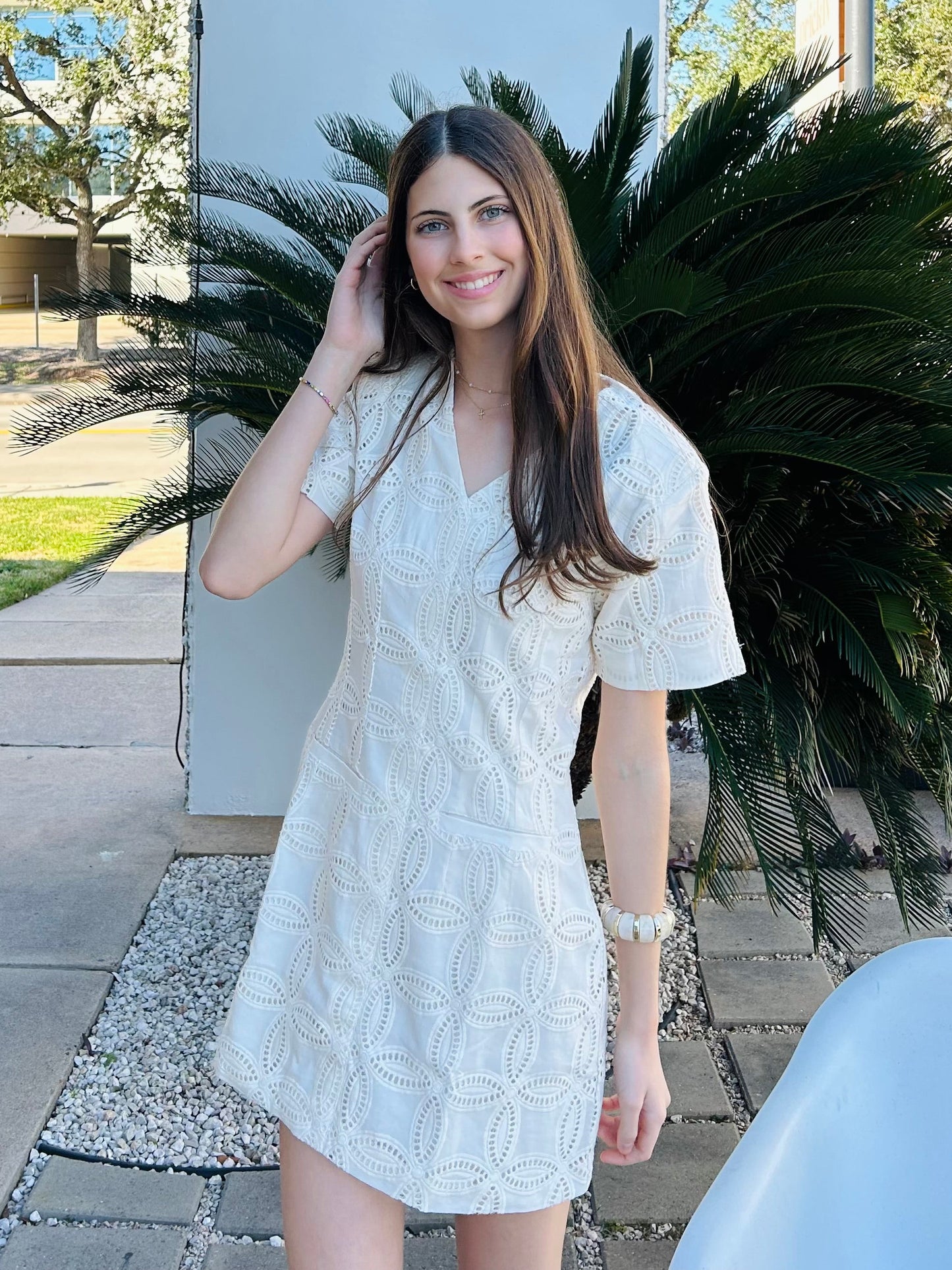 Apparel- Strut and Bolt Cream Embroidered Eyelet Mini Dress