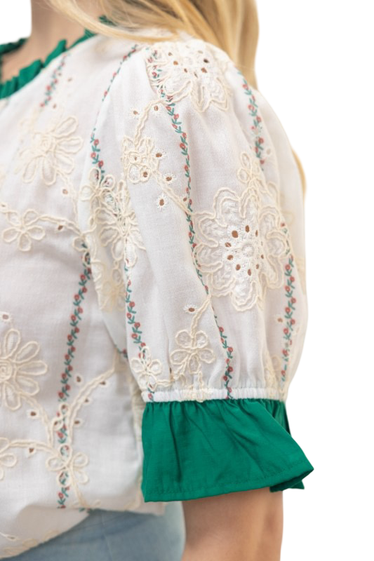 VOY Eyelet Contrast Band and Sleeve Blouse Top