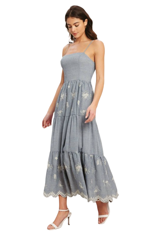 Flying Tomato Embroidered  Striped Tie Strap Maxi Dress