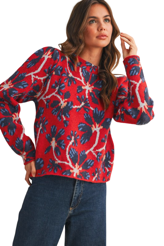 Apparel- En Merci Floral Mock Neck Sweater Top