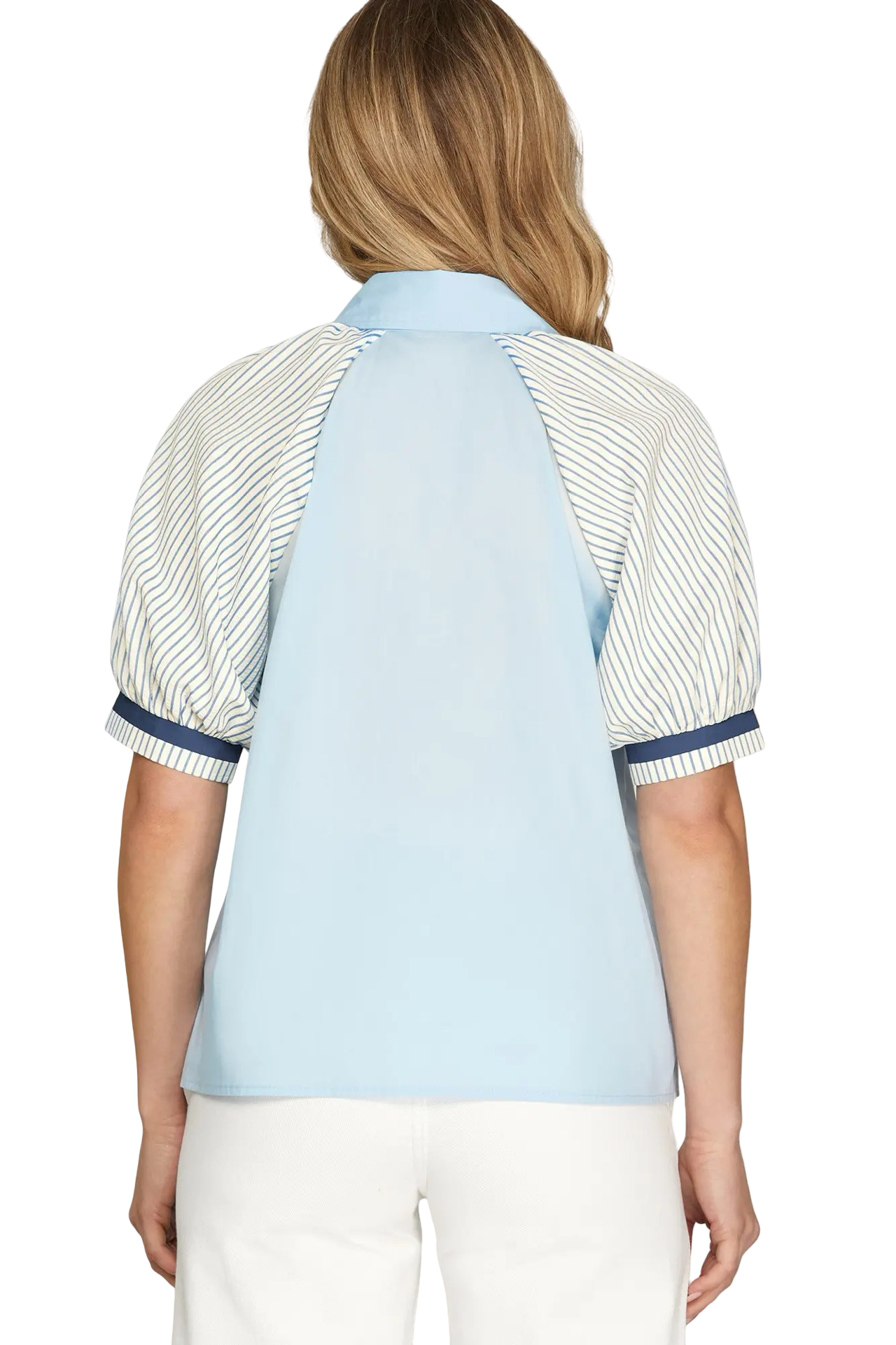 She+Sky Short Sleeve Button Down Color Block BlouseTop
