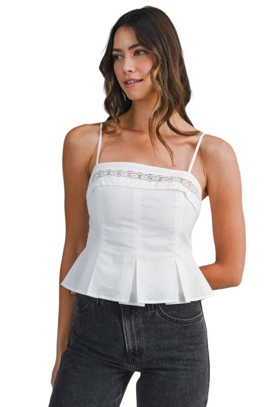 Mable Spaghetti Strap Lace Trim Cami Peplum Shirt Top