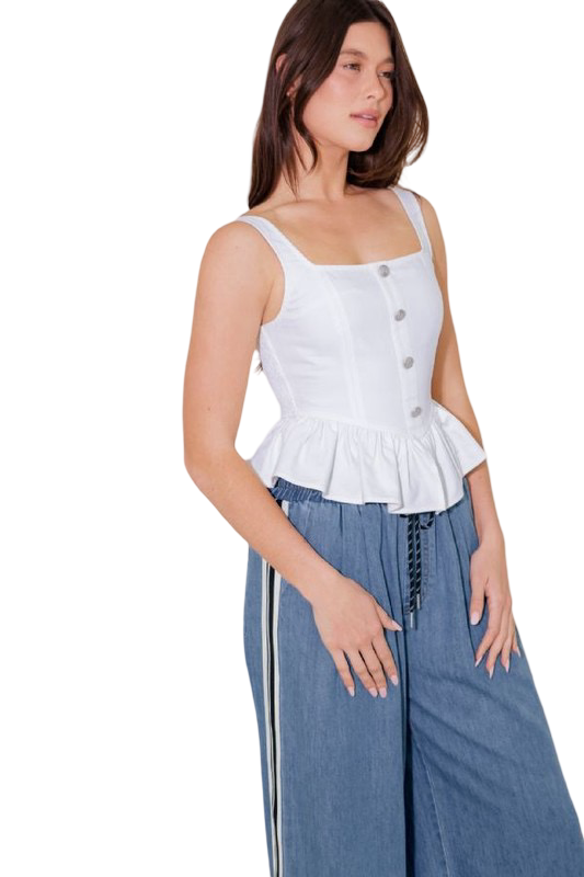 Flying Tomato Button Front Ruffled Woven Top