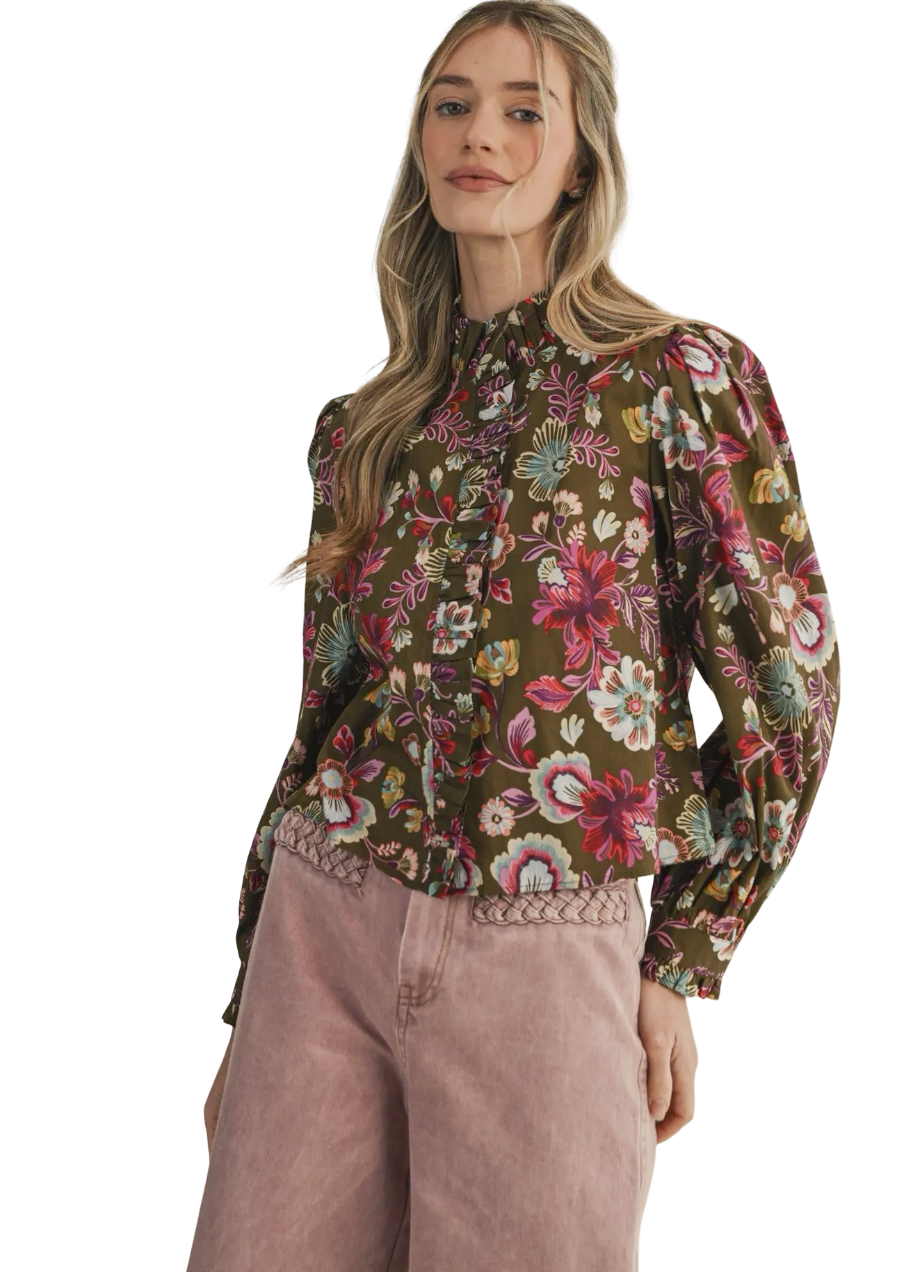 Apparel- En Merci Floral Print Ruffled Button Down Top
