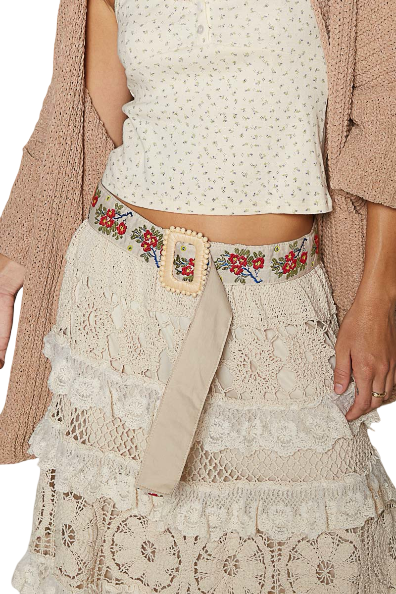 Pol Woven Embroidered Statement Sash Belt with Wood Bead Buckle