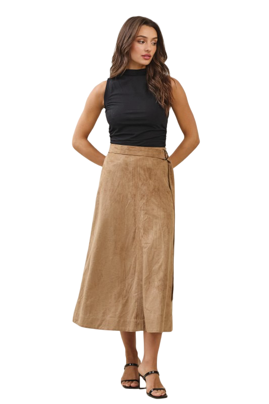Apparel- Able Belted A Line Vegan Suede Midi Skirt