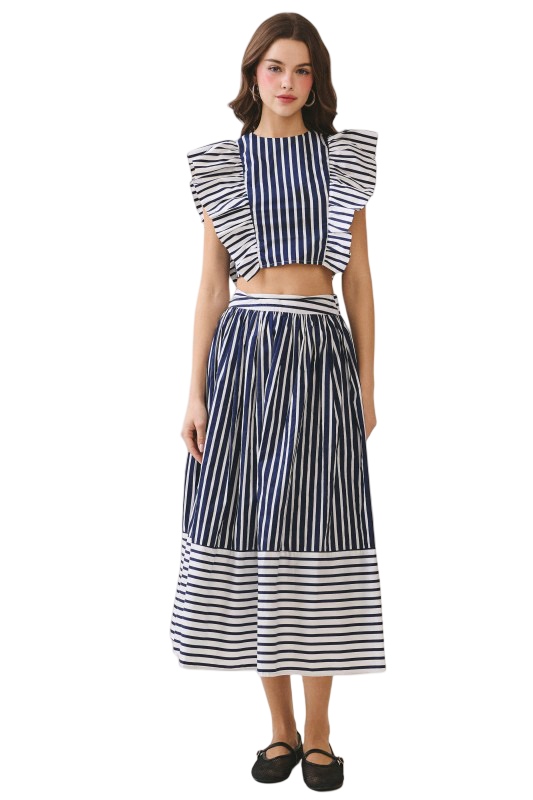 Apparel- TCEC Striped Self Tie  Midi Skirt