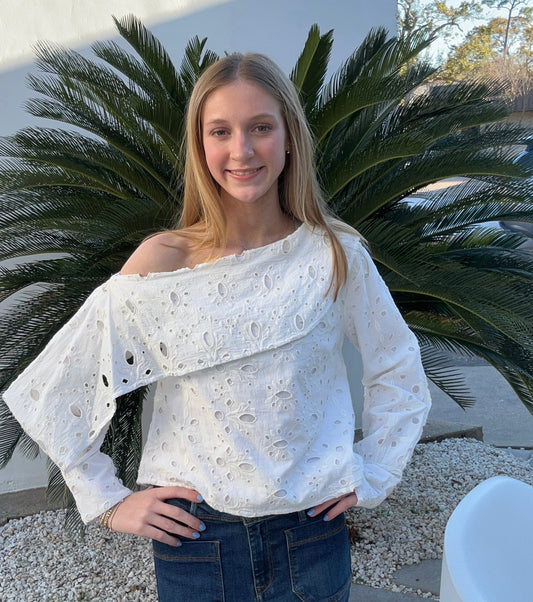 Apparel- Just Bellina Eyelet Off Set Long Sleeve Top