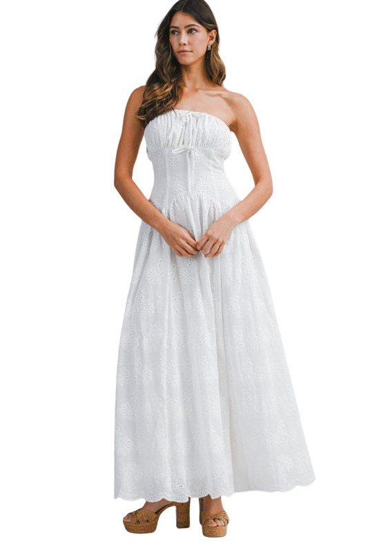 Apparel- Mable Eyelet Strapless Bow Front Maxi Dress