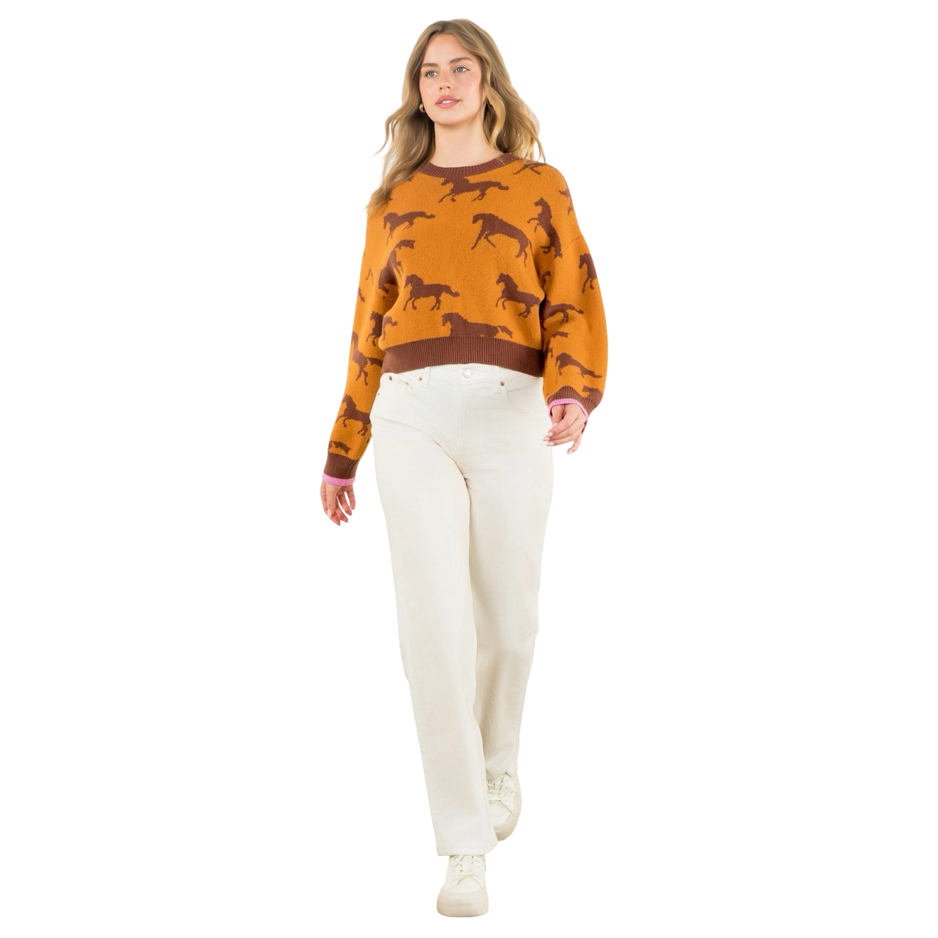 Apparel- THML Horse Print Crew Knit Sweater Top