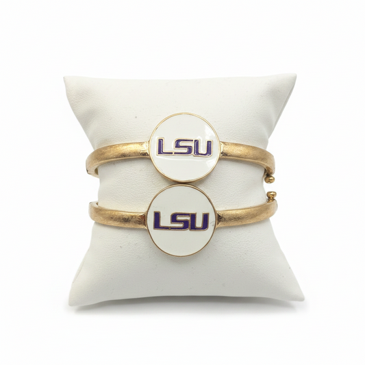 Bracelets- Canvas Game Day LSU Logo Enamel Hinge Bangle Purple and White