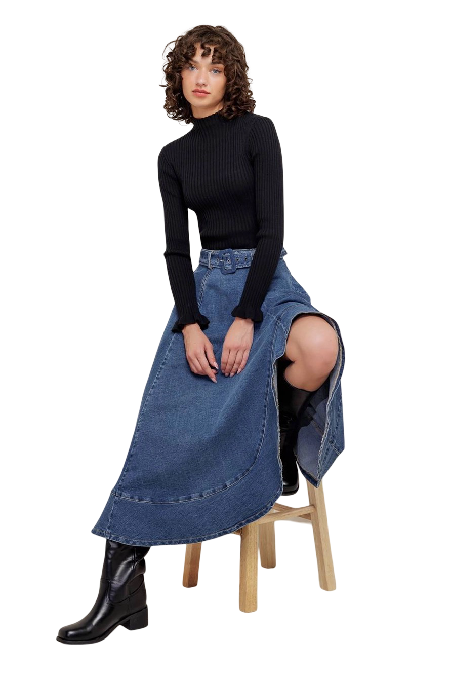 Apparel- Flying Tomato Washed Denim Midi Skirt