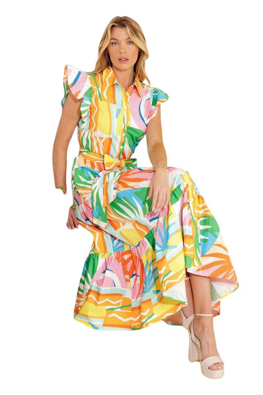 Flying Tomato Printed Ruffle Sleeve Midi Dress