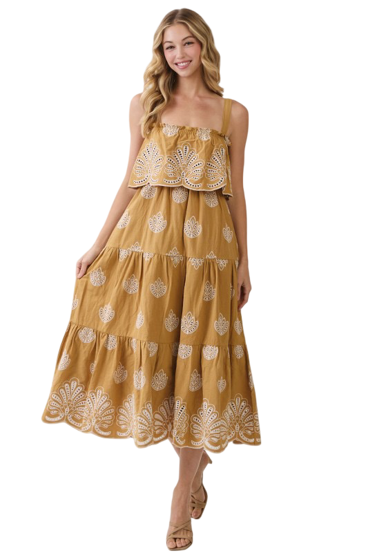 TCEC Embroidered Eyelet Detail Tiered Midi Dress