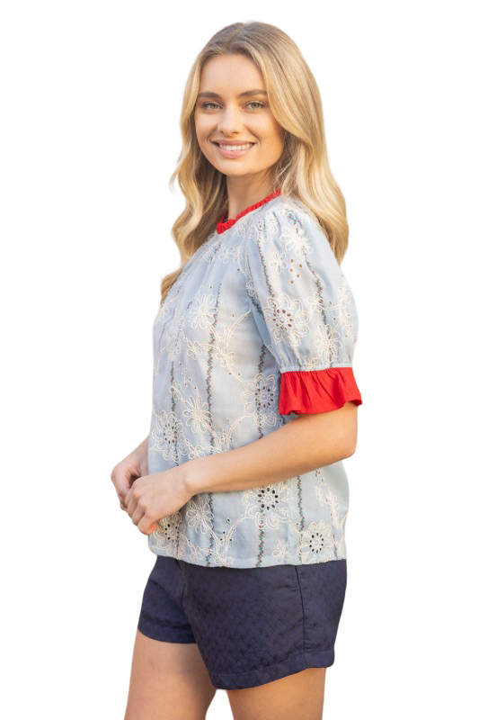 VOY Eyelet Contrast Band and Sleeve Blouse Top