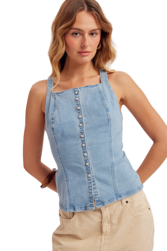 Hem and Thread Button Down Lace Back Denim Apron Top