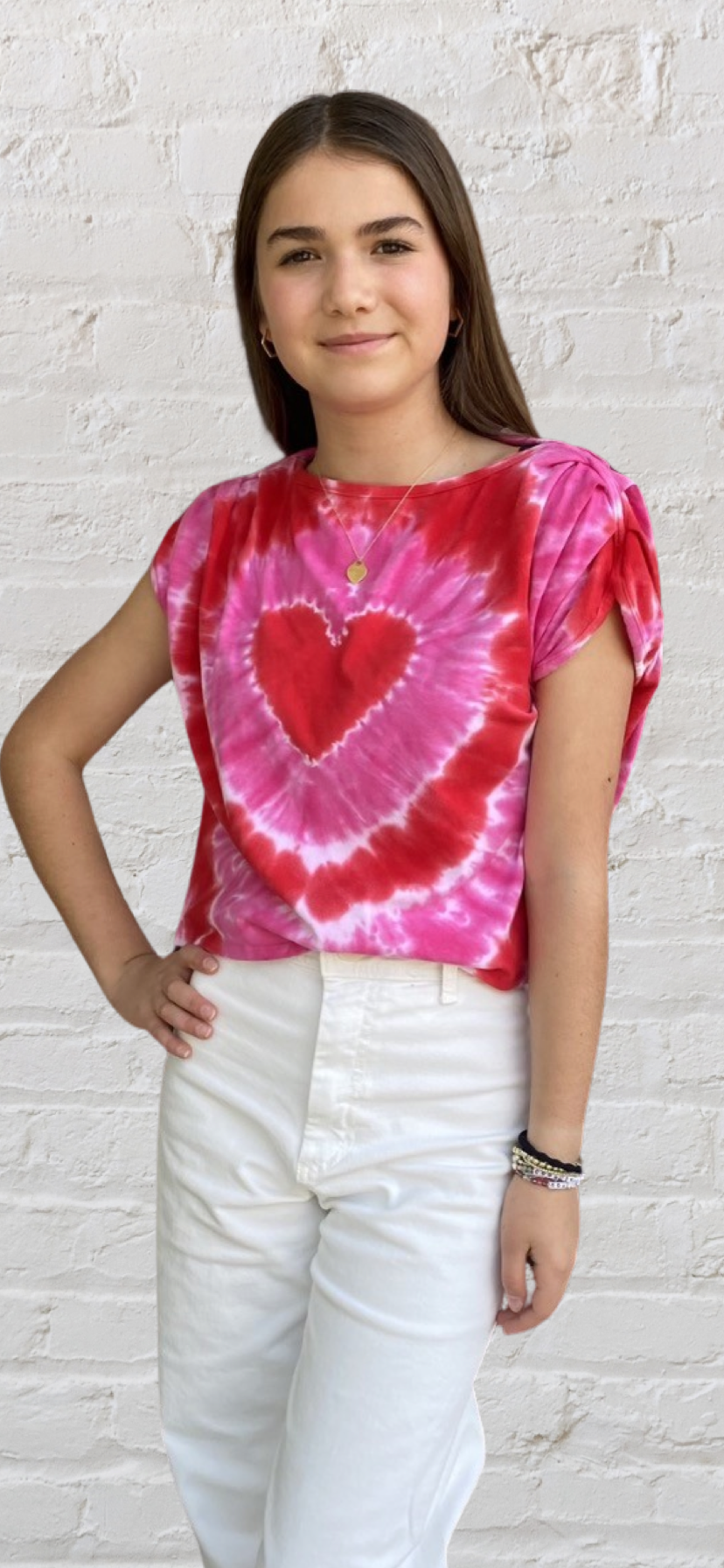 Girls- Erge Ruched Sleeve Tie Dye Heart Top