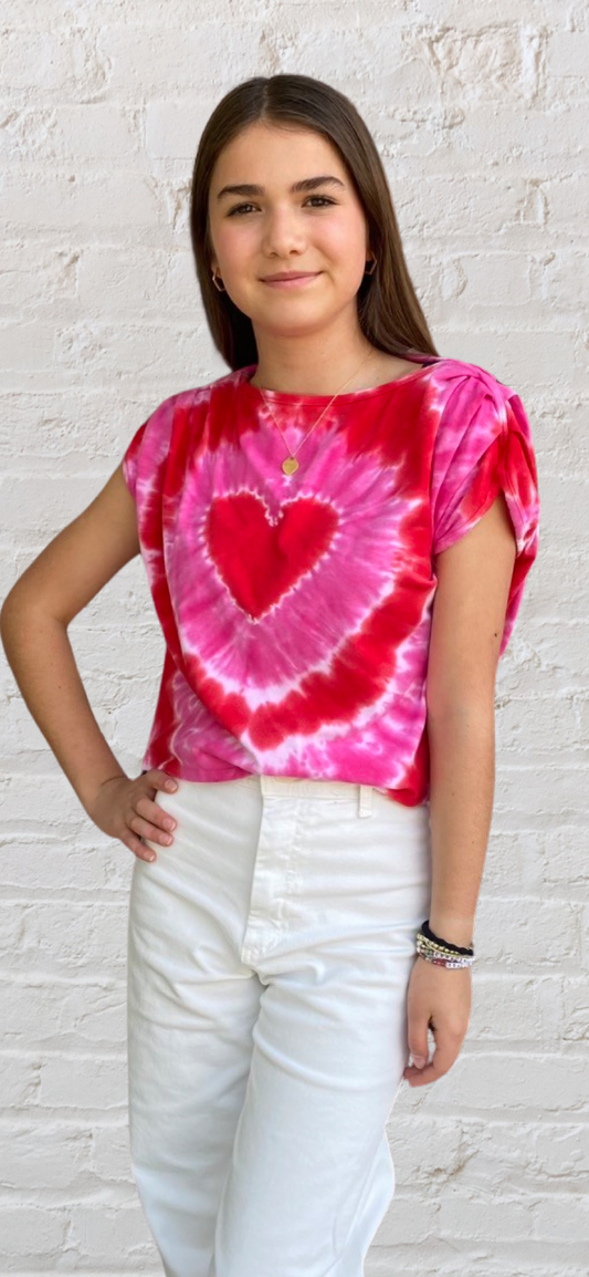 Girls- Erge Ruched Sleeve Tie Dye Heart Top