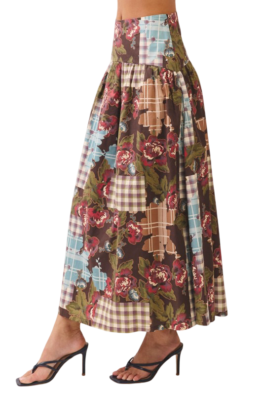 TCEC Floral Plaid Patchwork Maxi Skirt
