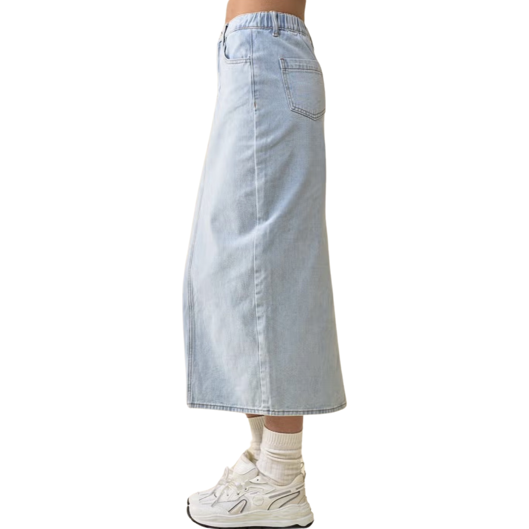 Apparel- Blue Blush Denim Midi Skirt With Back Slit