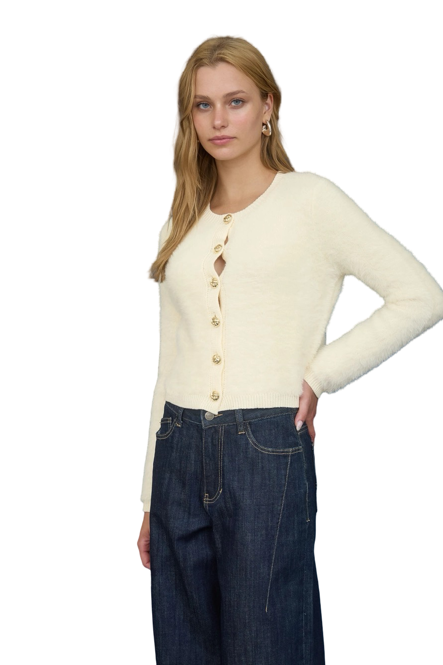 Apparel- The Workshop Gold Button Fuzzy Knit Cardigan Top
