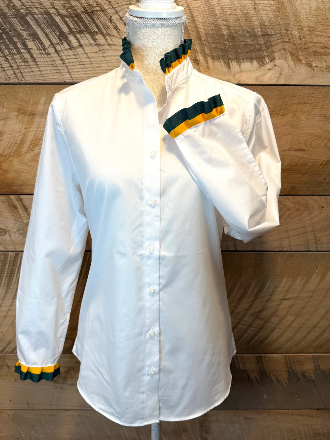 Pearly Vines- Dionne Game Day Ruffled Ribbon Shirt- White with Green & Gold Ribbon
