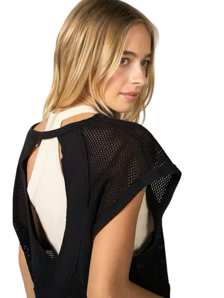 LaBiz Heavy Cotton Mesh Open Back Drop Shoulder Short Sleeve Top