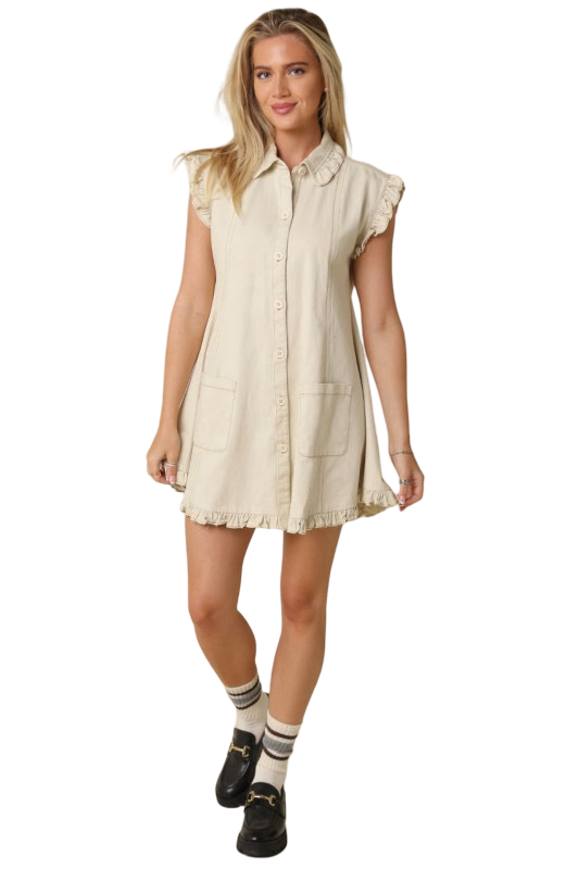 Olivaceous Joanie Button Down Denim Mini Dress with Ruffle Details