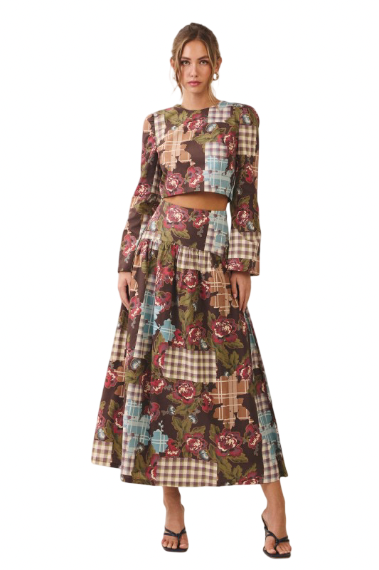 TCEC Floral Plaid Patchwork Maxi Skirt