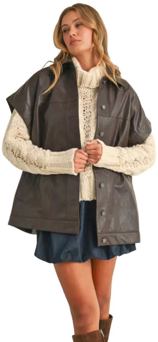 Apparel- Klesis Oversized Faux Leather Vest with Pockets