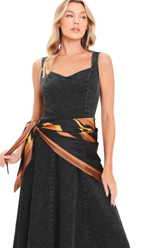 Flying Tomato Washed Denim Midi Dress with Scarf Tie Belt