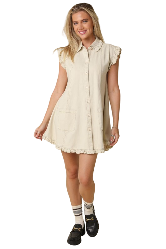 Olivaceous Joanie Button Down Denim Mini Dress with Ruffle Details
