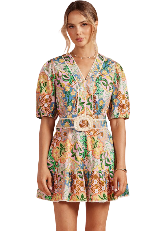 Apparel- Strut and Bolt Floral Puffed Sleeve Belted Mini Dress