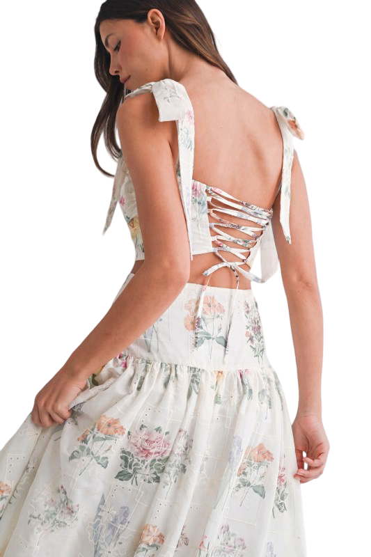 Mable Floral Eyelet Top and Midi Skirt Set