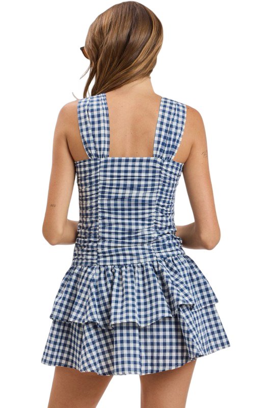 Sky to Moon Twisted Knot Gingham Ruffled Mini Dress