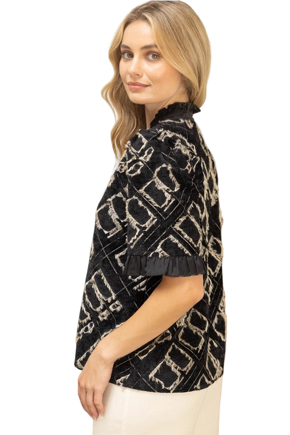 Apparel- VOY Satin Band Velvet Detail Burnout Top