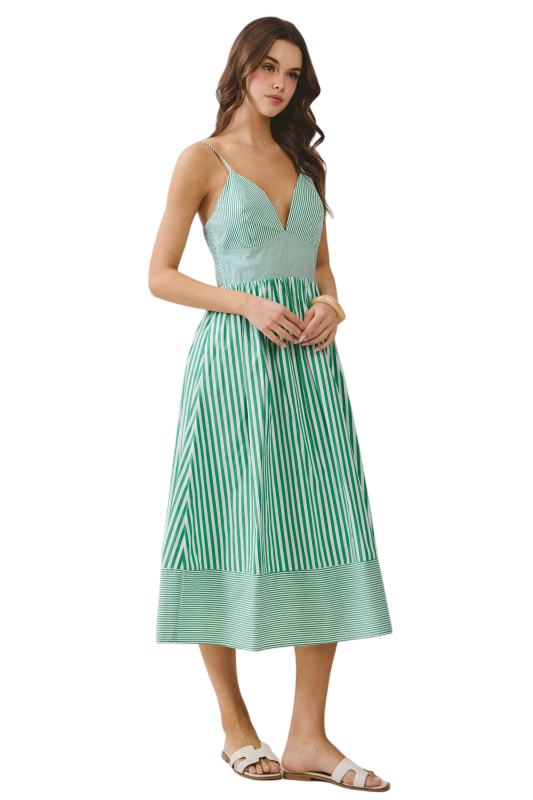 TCEC Striped V Neck Midi Dress