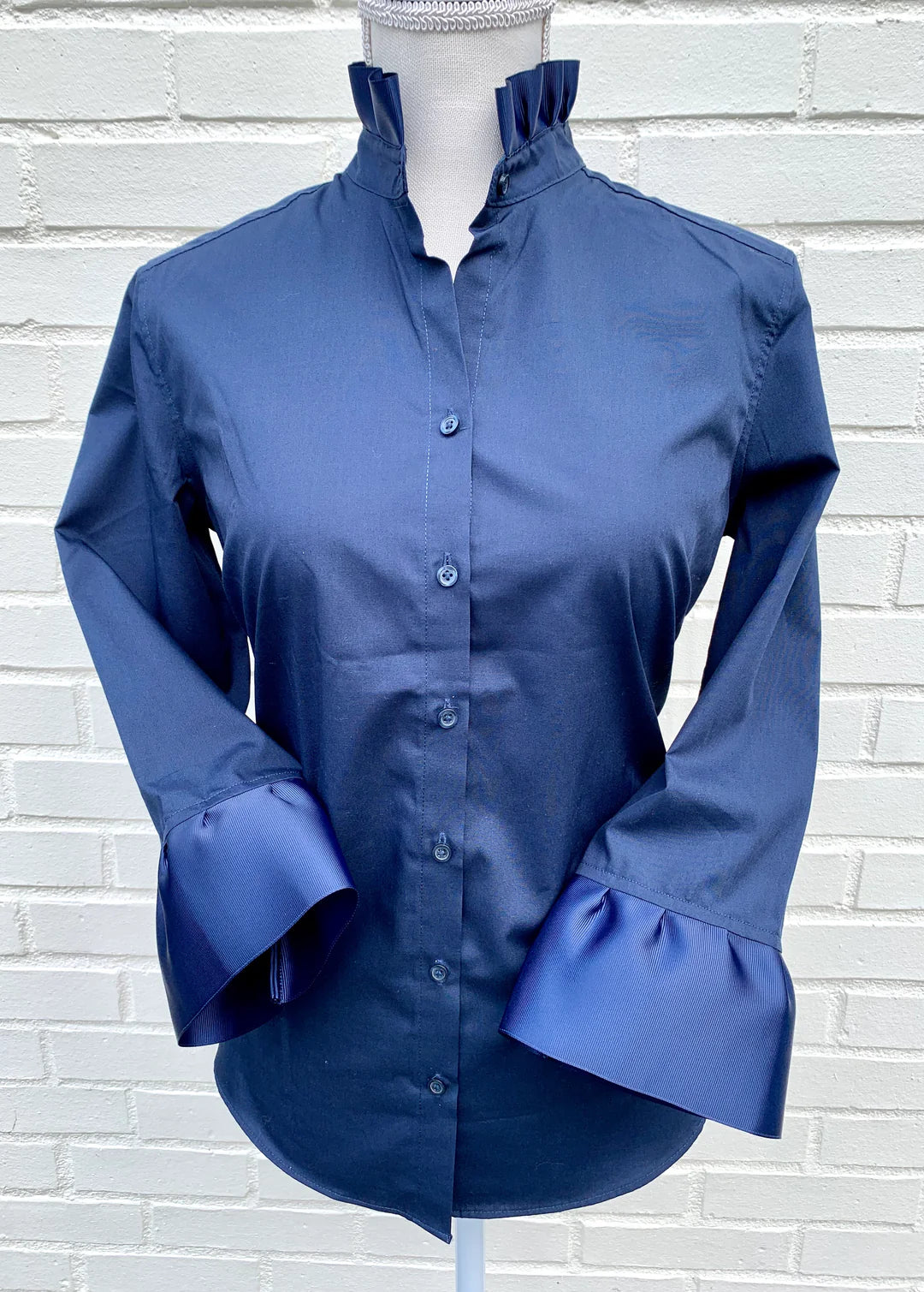 Apparel- Pearly Vines- Barbara Ann Navy 3/4 Trim Ribbon Shirt